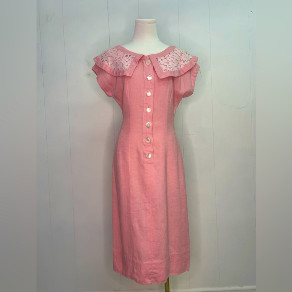 Vintage 1940s Linen Tea Dress lace collar - Picture 2 of 3